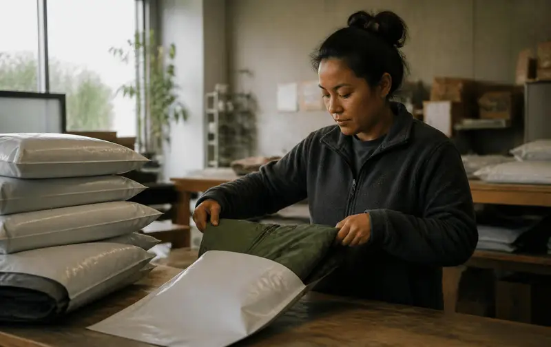 Warehouse employee folding a technical rain jacket into a shipping mailer at a fulfillment bench, stacks of packed parcels alongside
