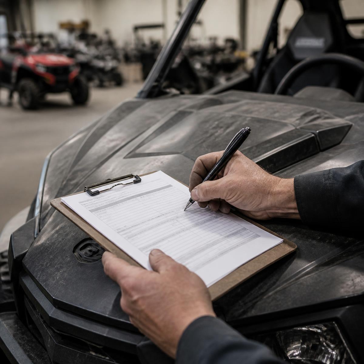 Close-up of hands filling in a service work order on a clipboard resting on the hood of a UTV