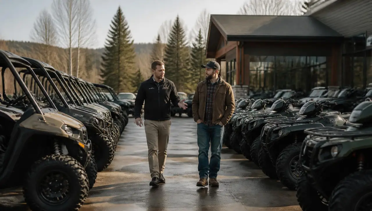 Salesperson walking a customer between rows of new side-by-sides and ATVs outside a powersports dealership showroom