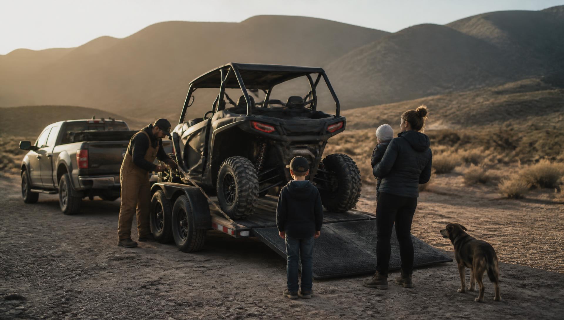 Family unloading a side-by-side from a trailer at a backcountry trailhead in early morning light