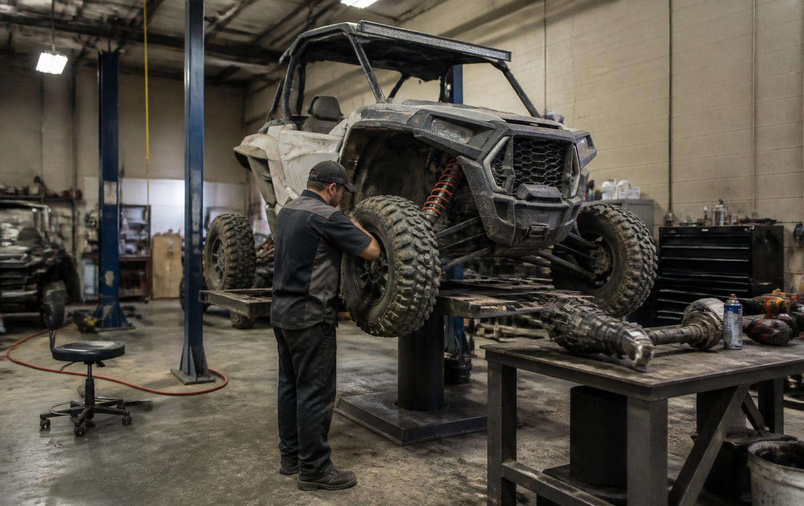 Technician working on a side-by-side raised on a lift in a powersports dealership service bay
