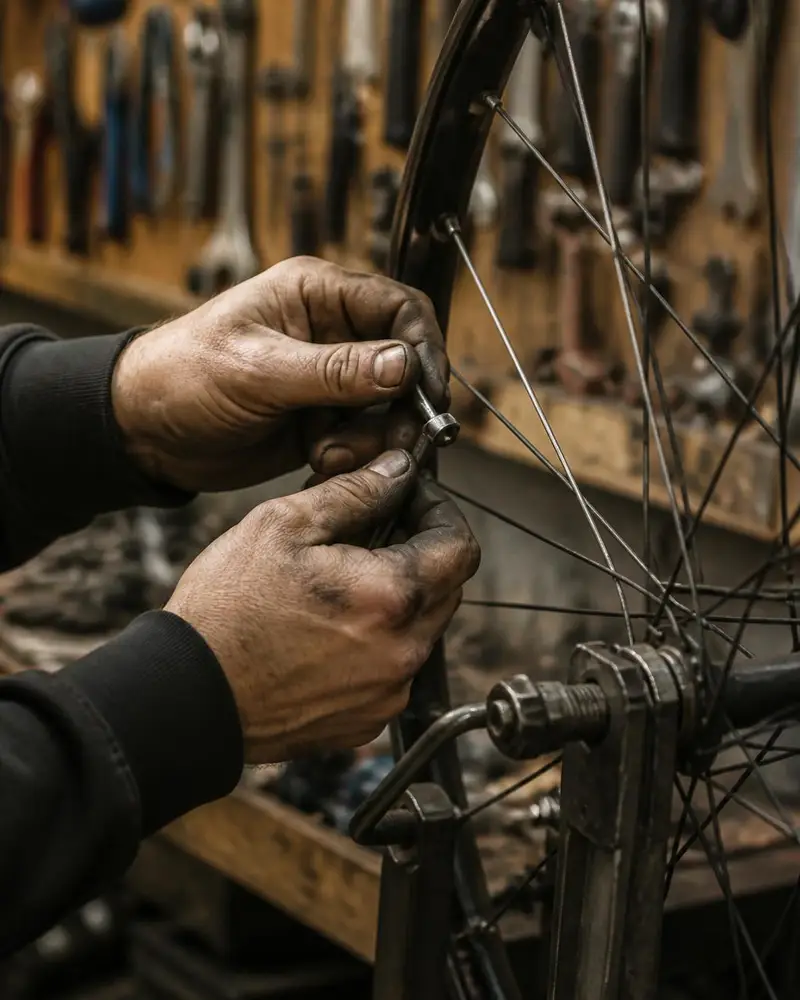 Close-up of greasy hands truing a bicycle wheel on a truing stand surrounded by workshop tools