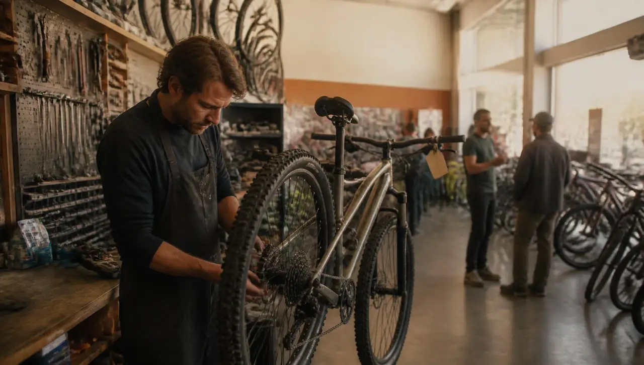 Mechanic in a work apron adjusting the drivetrain of a mountain bike in a busy independent bike shop workshop while staff talk with customers on the sales floor behind