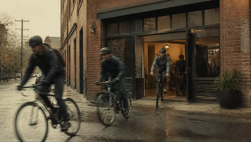 A group of riders rolling out onto a wet city street from a bike shop's open doors at dusk