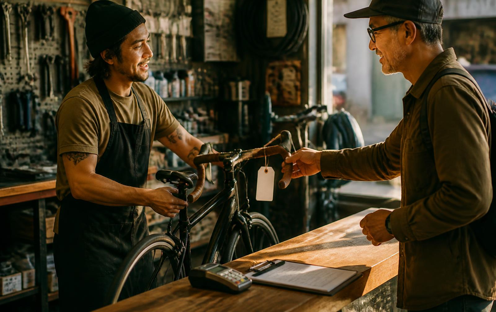 Mechanic handing a repaired road bike with a work-order tag across the service counter to a customer, card terminal and clipboard on the counter