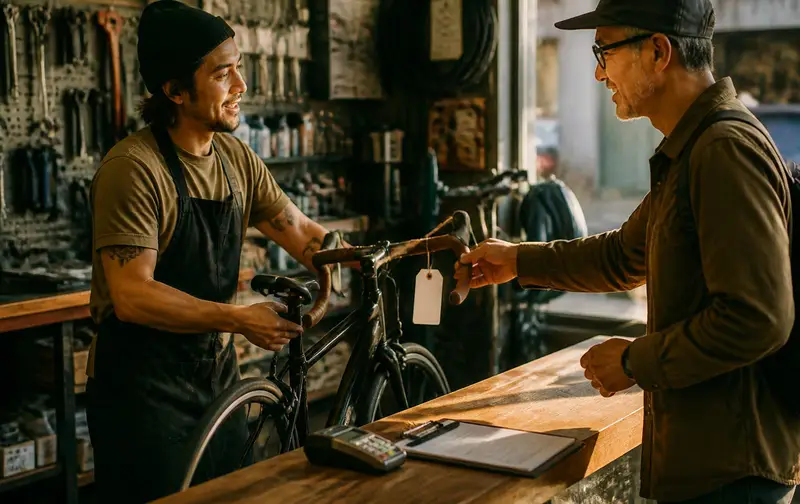 Mechanic handing a repaired road bike with a work-order tag across the service counter to a customer, card terminal and clipboard on the counter
