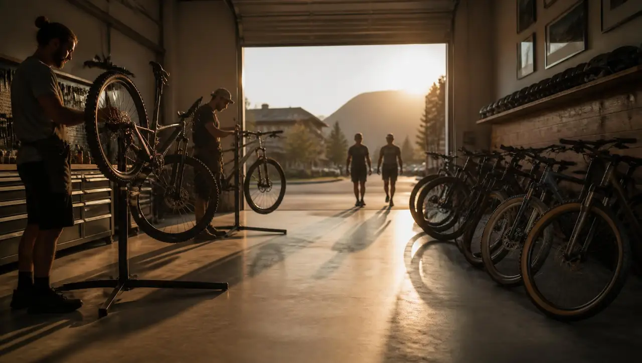 Early morning inside a mountain-town bike rental shop, two staff members preparing full-suspension mountain bikes on repair stands, a row of rental bikes along the wall and customers arriving through the open roll-up door in low sunlight