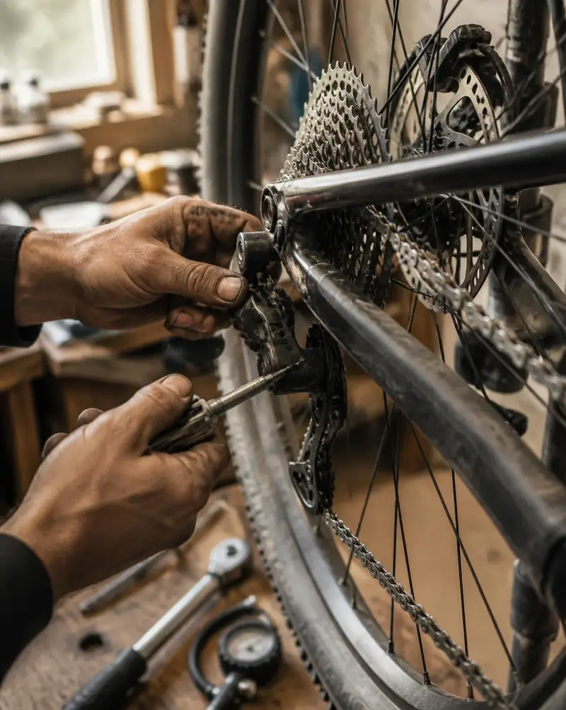 Close view of a mechanic's grease-marked hands adjusting the rear derailleur of a rental mountain bike in a repair stand, cassette and disc rotor in focus, torque wrench and tire gauge on the bench below