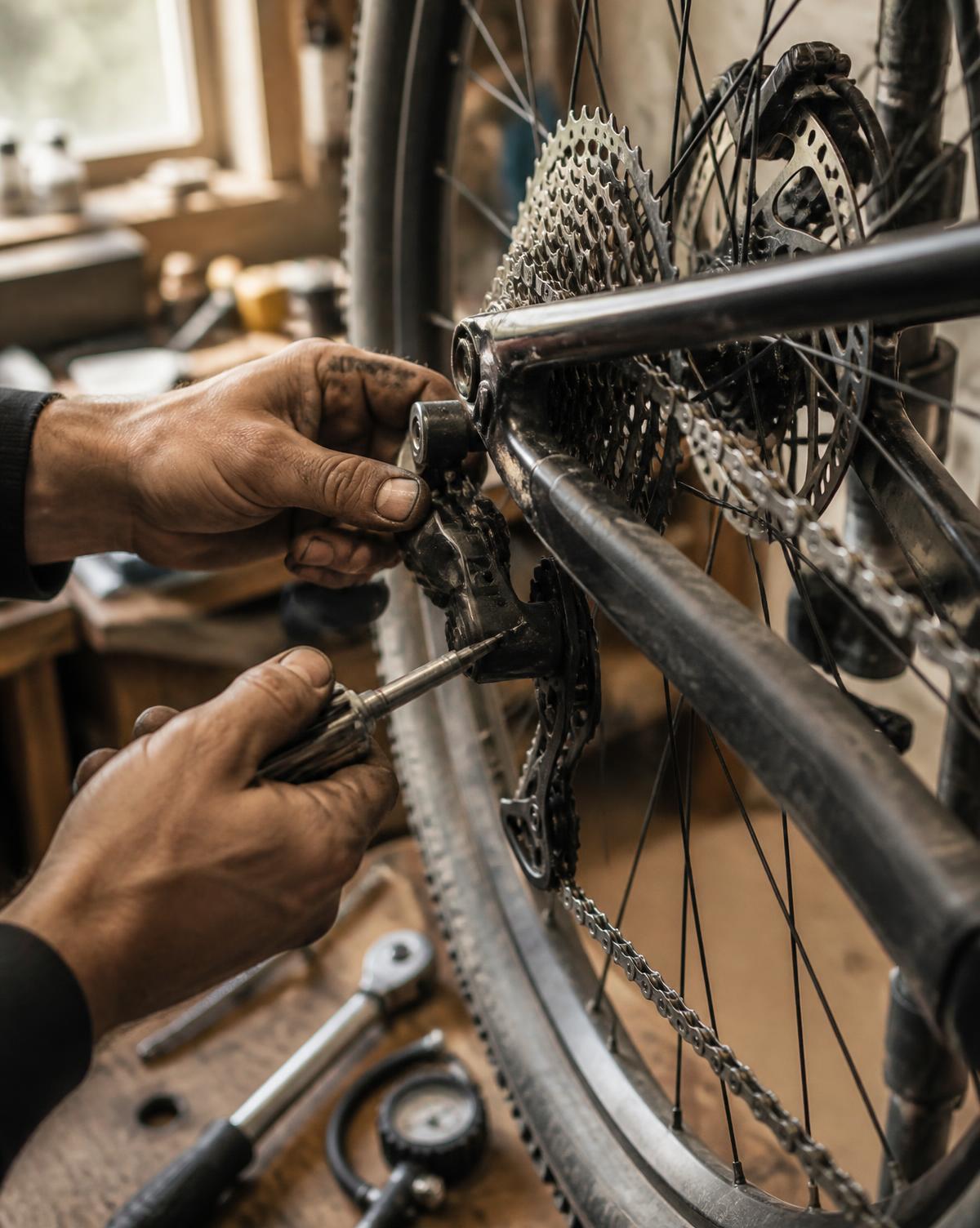 Close view of a mechanic's grease-marked hands adjusting the rear derailleur of a rental mountain bike in a repair stand, cassette and disc rotor in focus, torque wrench and tire gauge on the bench below