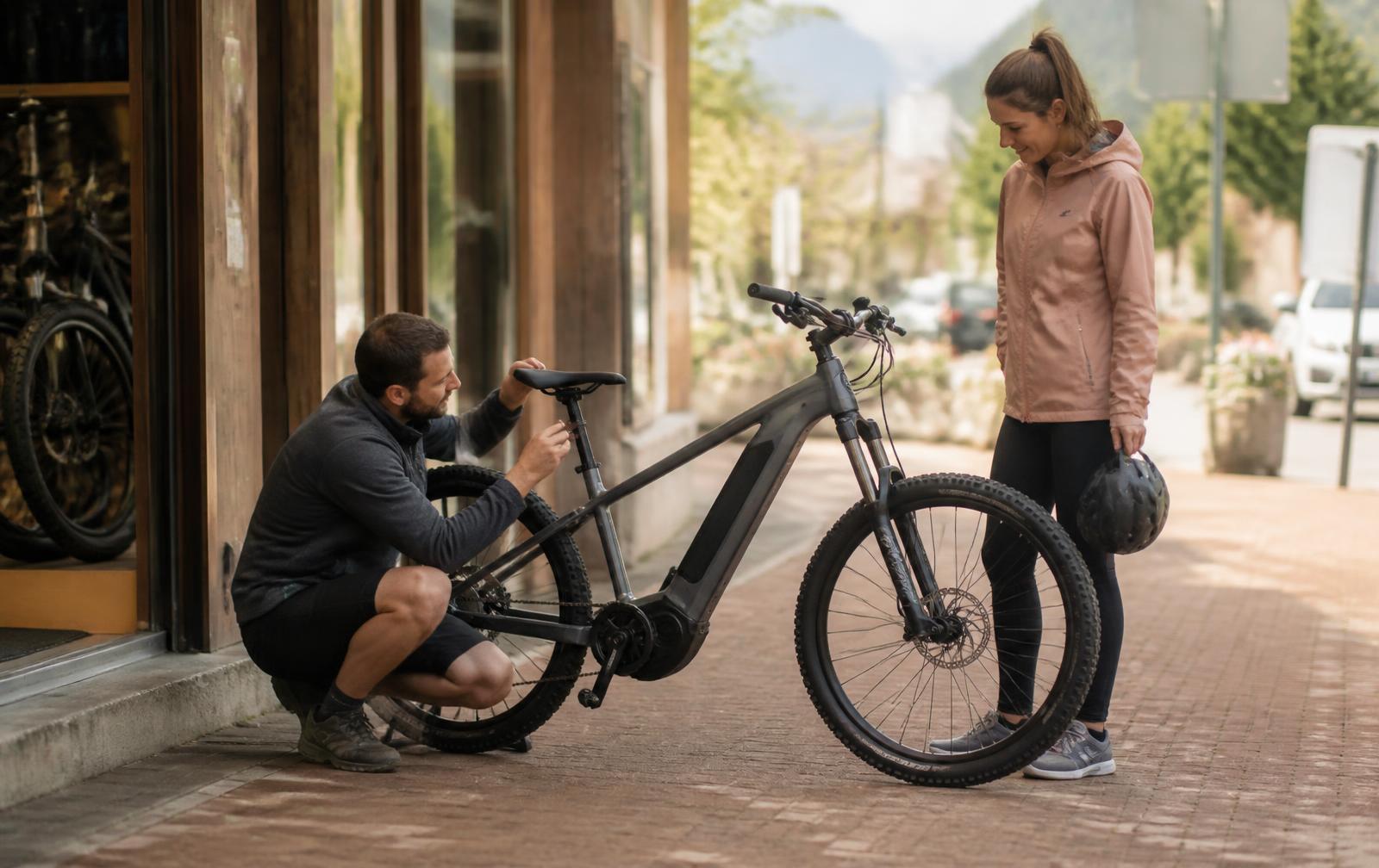A rental shop staff member crouched beside an e-bike adjusting the saddle height with a multi-tool while a customer stands holding a helmet, looking down at the bike, on a mountain-town street in morning light