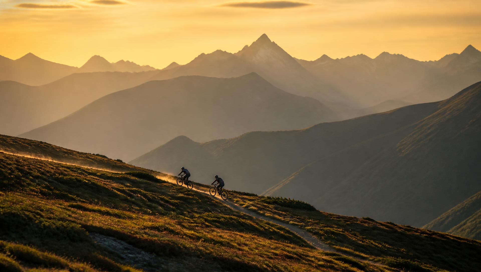 Two mountain bikers descending a narrow singletrack trail across an open alpine hillside at golden hour, dust catching low light, vast layered mountain ranges behind