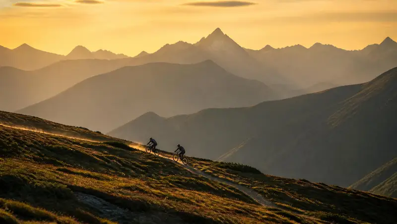 Two mountain bikers descending a narrow singletrack trail across an open alpine hillside at golden hour, dust catching low light, vast layered mountain ranges behind
