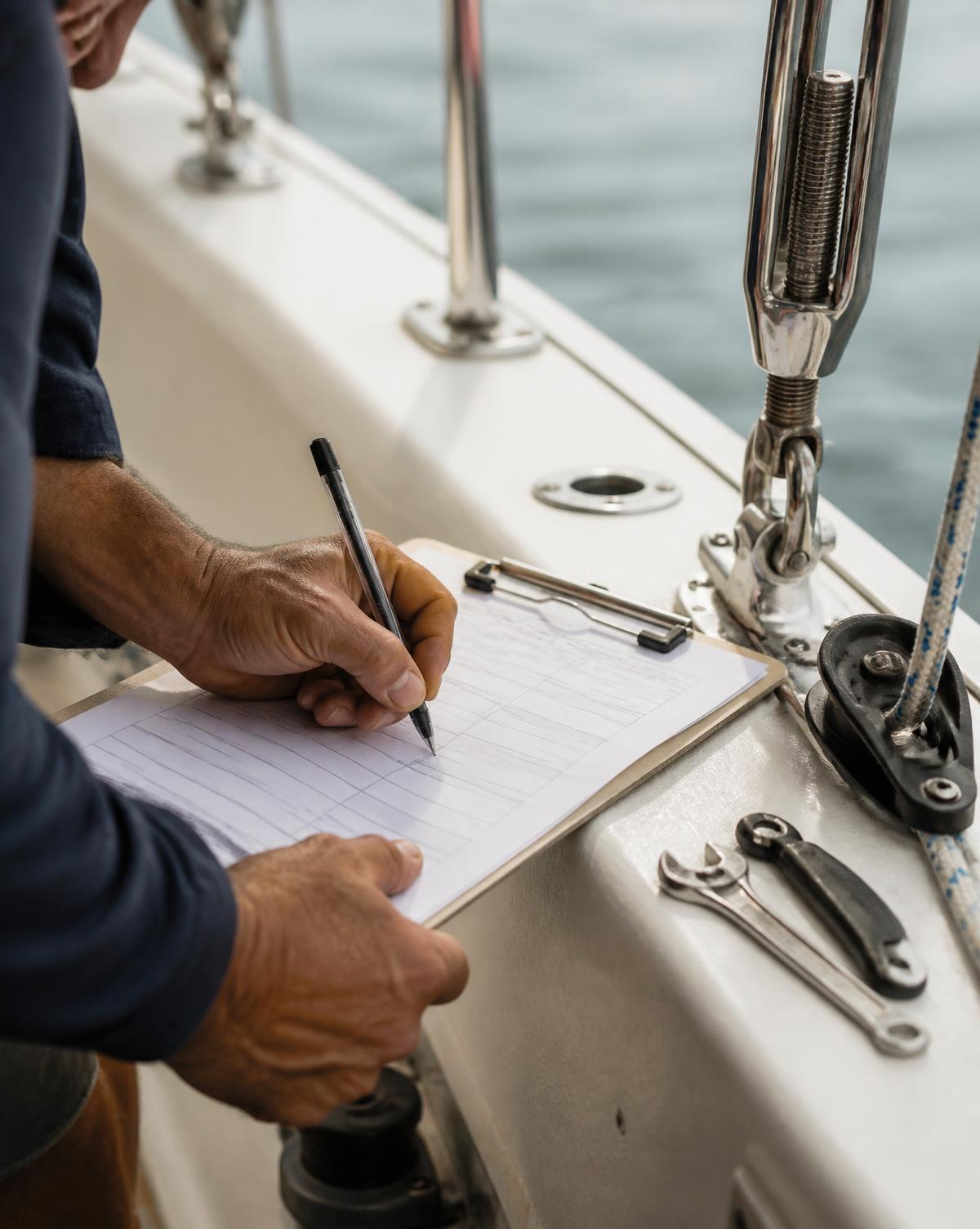 Close-up of hands filling in a marine service work order on a clipboard resting on a boat gunwale