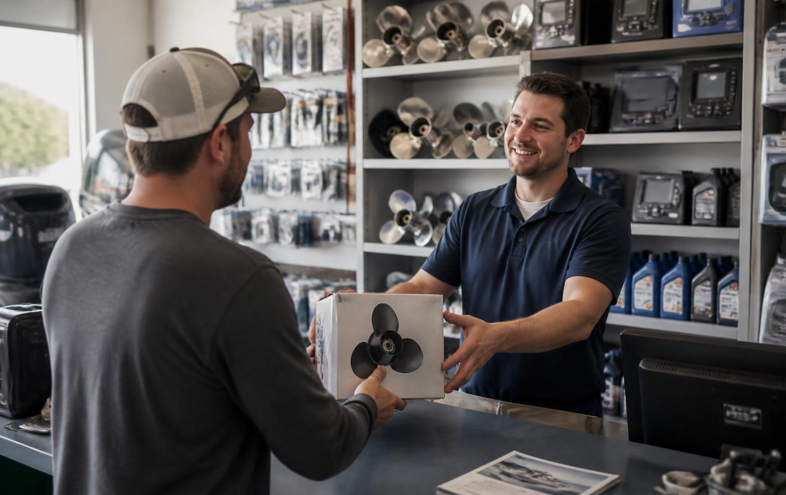 Parts counter employee handing a boxed propeller to a customer, with marine electronics and oil on the shelves behind
