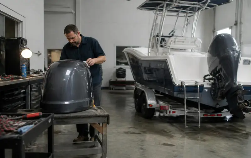 Marine technician working on an outboard cowling in a boat dealership service bay with a boat on a trailer behind