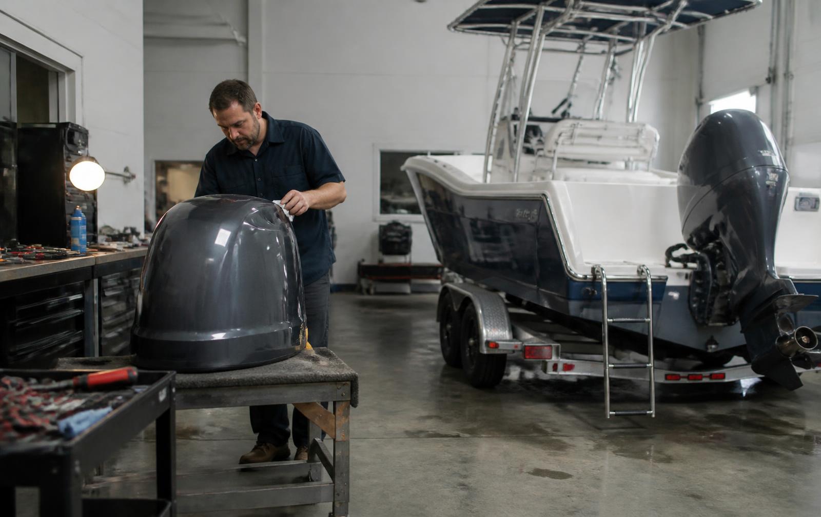 Marine technician working on an outboard cowling in a boat dealership service bay with a boat on a trailer behind