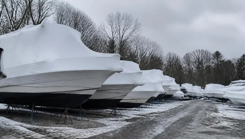 Rows of shrink-wrapped boats on stands in a winter storage yard behind a dealership under overcast sky