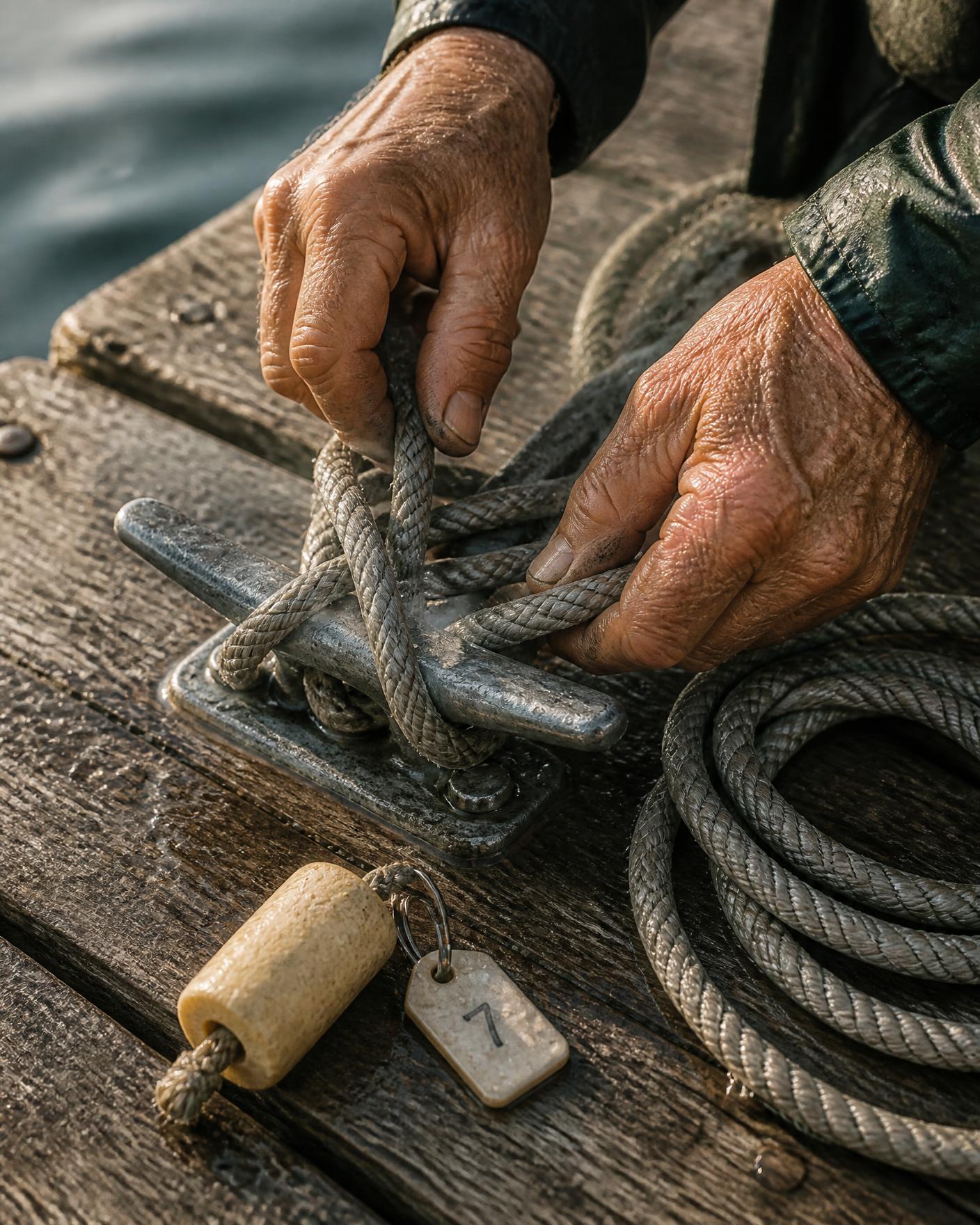 Weathered hands cleating a wet dock line around a metal cleat on sun-bleached planks, with a coiled rope and a numbered key tag with a foam float lying nearby