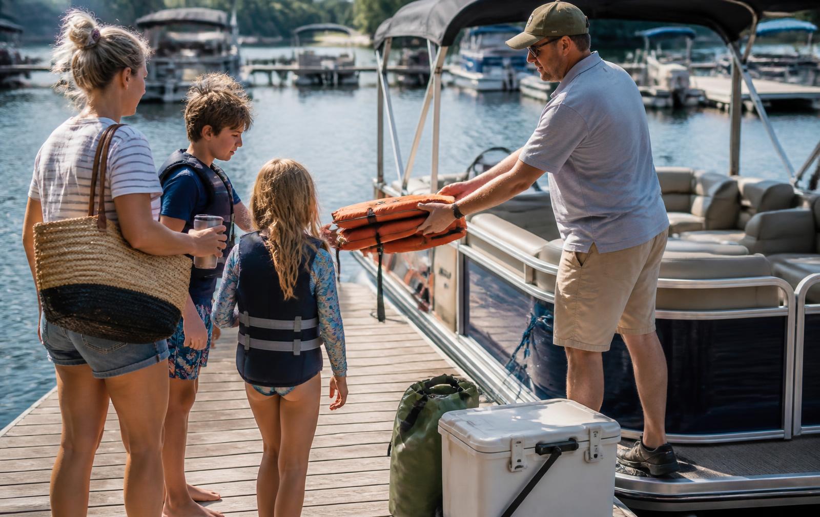 Boat rental staff member standing on a pontoon boat handing orange life jackets to a family waiting on the dock beside a cooler and dry bag