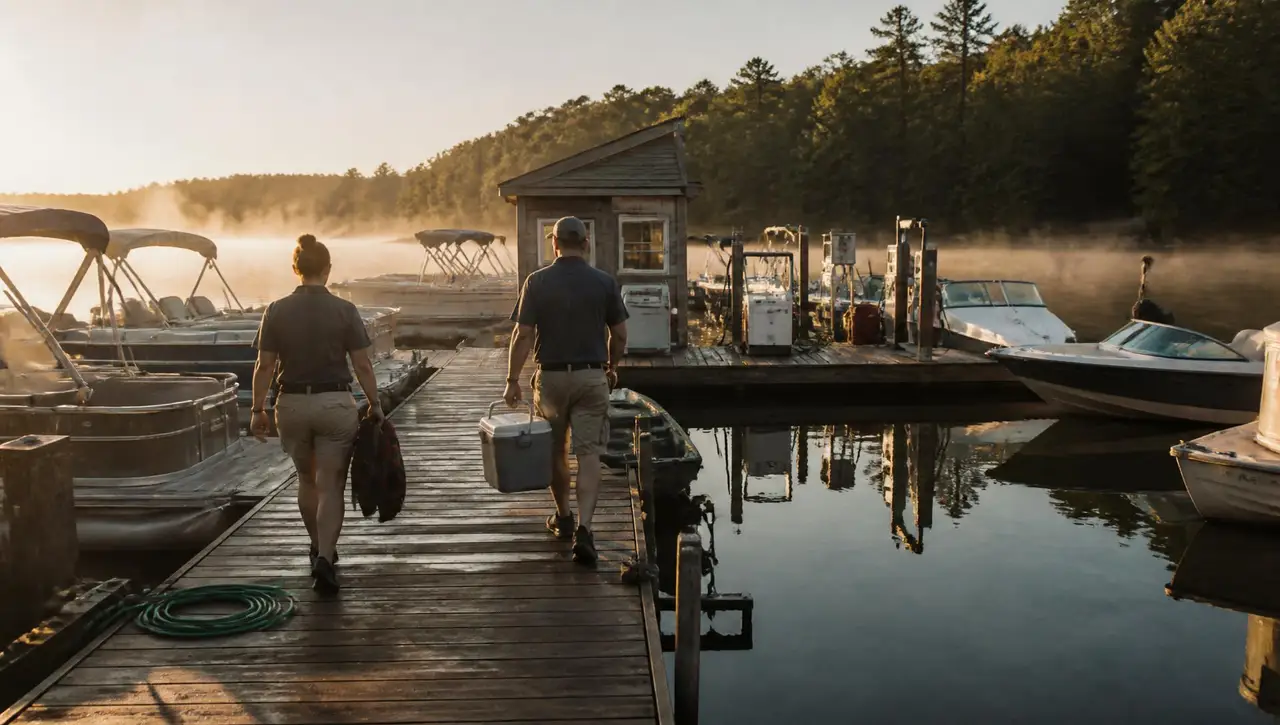 Two staff members walking a wooden dock at sunrise carrying a cooler and life jackets, pontoon and fishing boats tied alongside, mist over the water and a small wooden dock office behind them