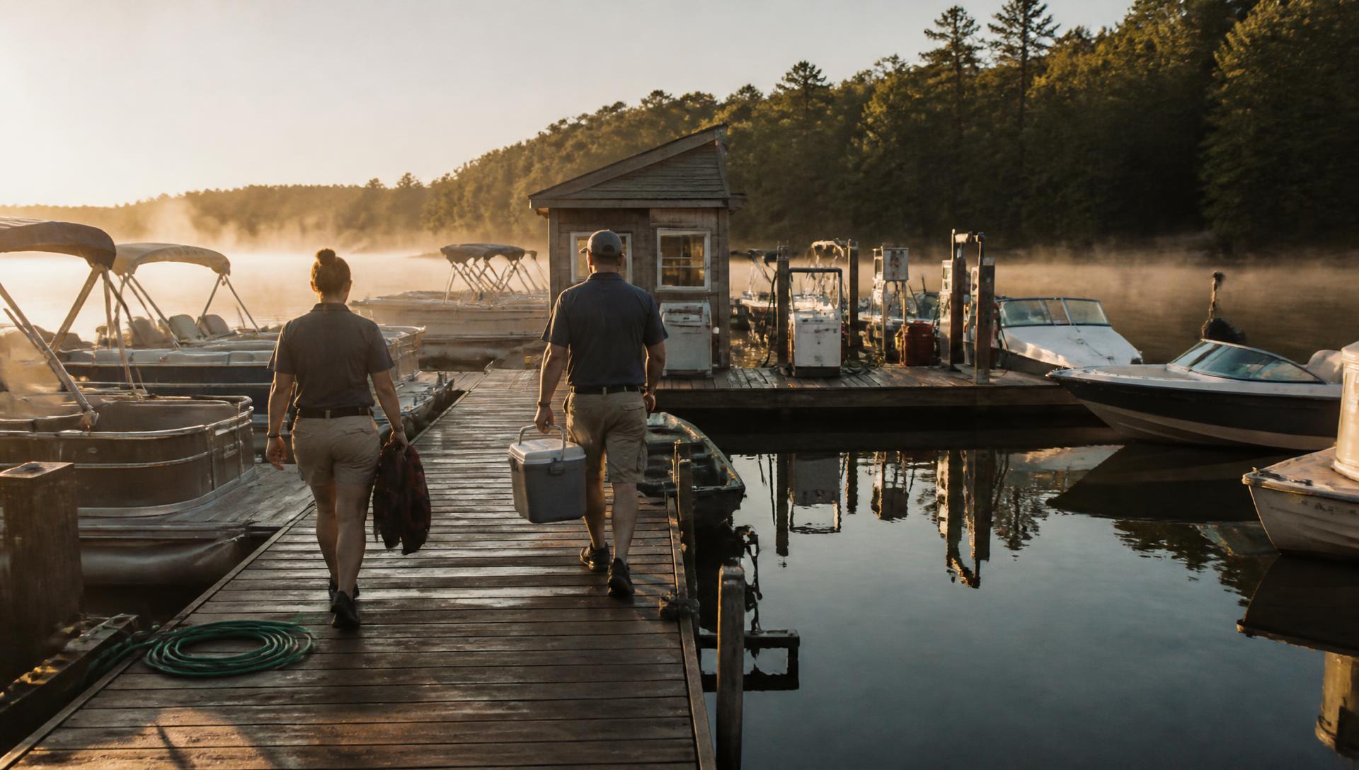 Two staff members walking a wooden dock at sunrise carrying a cooler and life jackets, pontoon and fishing boats tied alongside, mist over the water and a small wooden dock office behind them