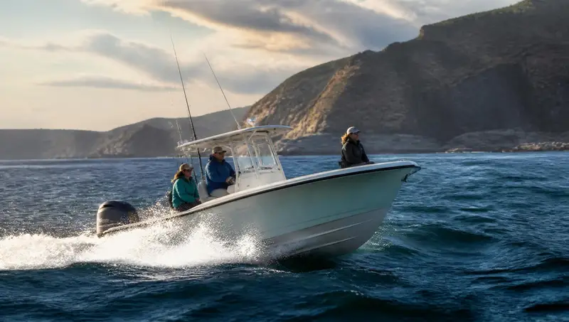 Center-console fishing boat running across open coastal water at speed with three people aboard, spray fanning off the hull and a rugged headland in late afternoon light