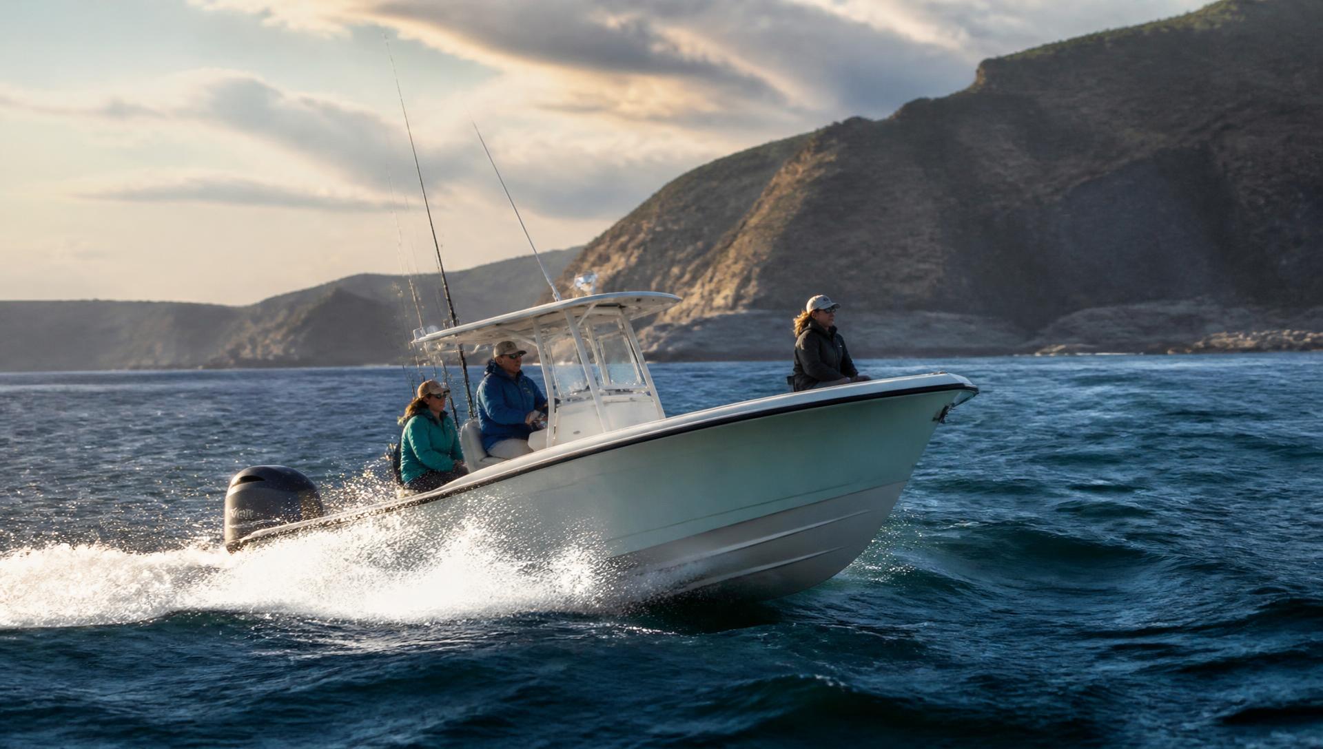 Center-console fishing boat running across open coastal water at speed with three people aboard, spray fanning off the hull and a rugged headland in late afternoon light