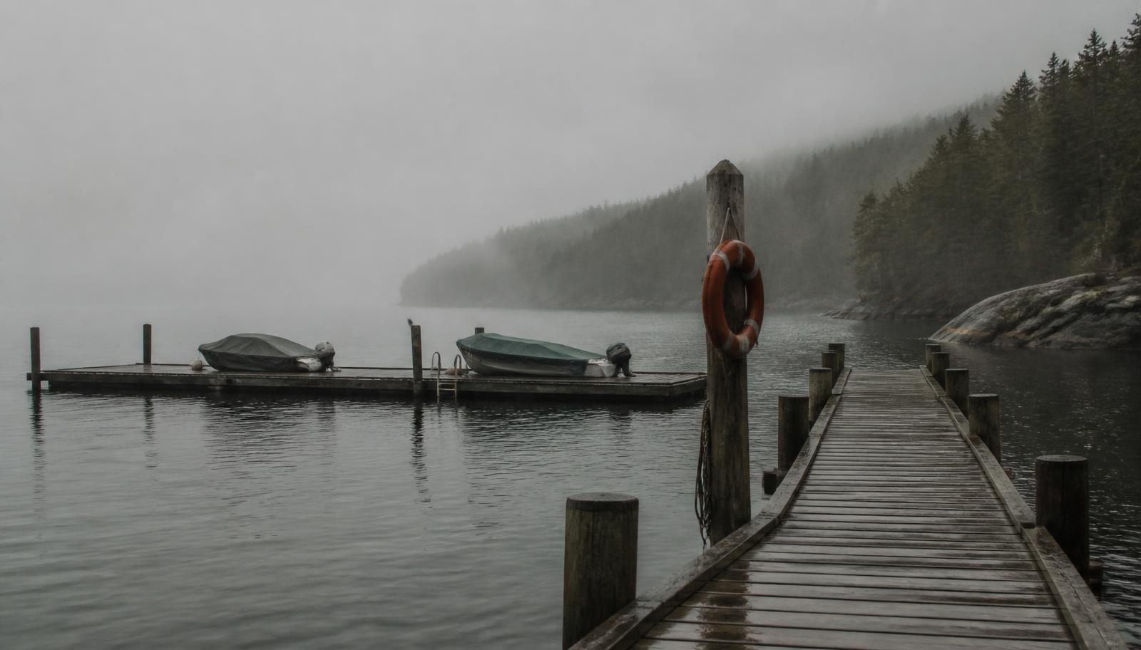 Fog over flat grey water at a quiet dock with two covered boats, a life ring hanging from a wooden piling and rain-darkened planks in the foreground