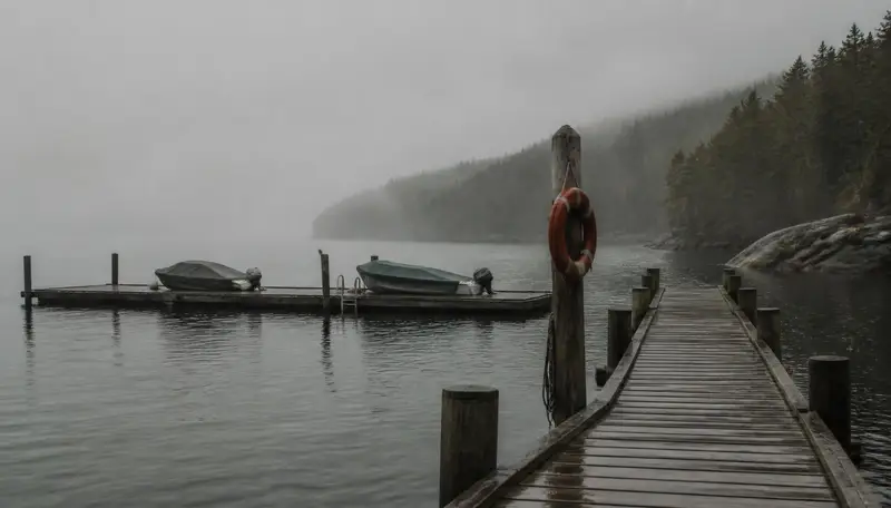 Fog over flat grey water at a quiet dock with two covered boats, a life ring hanging from a wooden piling and rain-darkened planks in the foreground