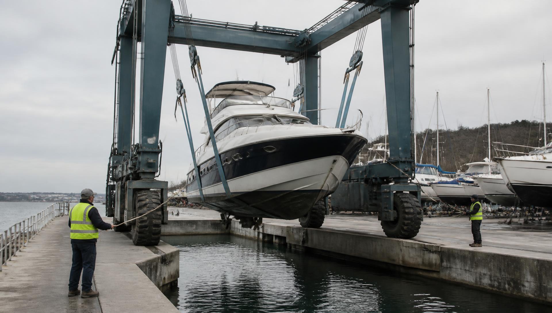 A mobile travel lift straddling a motor yacht in wide blue slings above the water at a concrete haul-out well, two yard workers in high-visibility vests steadying it with lines, rows of boats on stands beyond