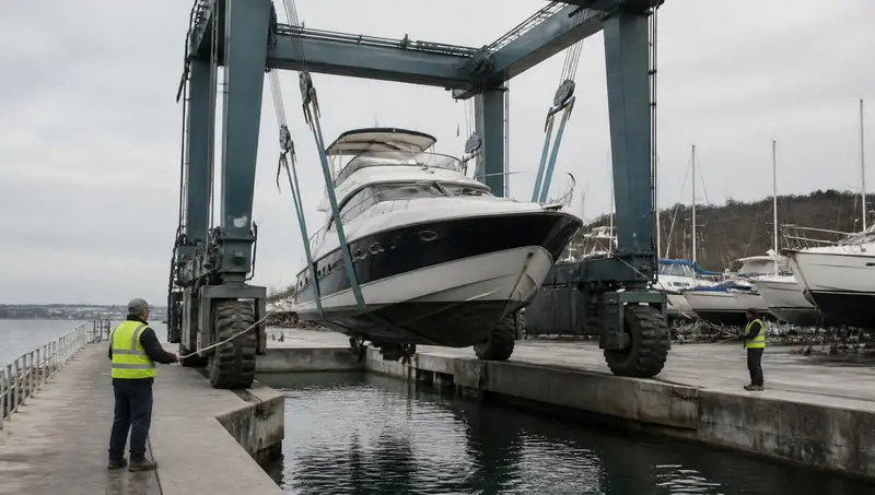 A mobile travel lift straddling a motor yacht in wide blue slings above the water at a concrete haul-out well, two yard workers in high-visibility vests steadying it with lines, rows of boats on stands beyond