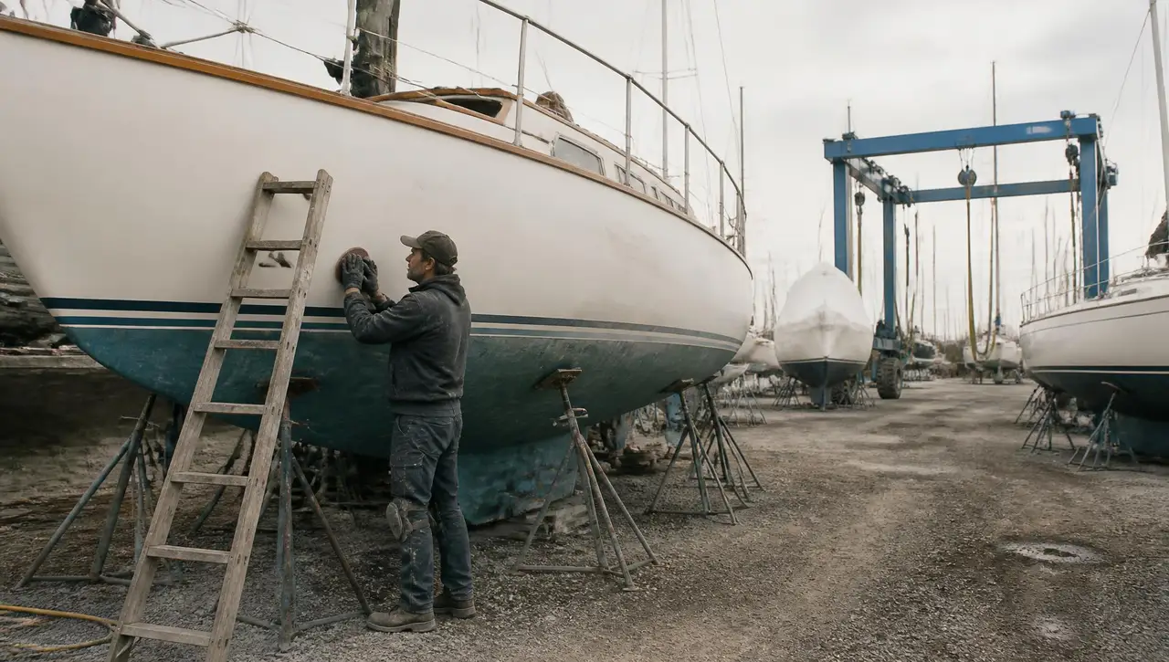 A technician sanding the topsides of a sailboat propped on steel stands in a working boatyard, a wooden ladder against the hull, rows of boats on stands and a blue travel lift gantry beyond under flat grey light