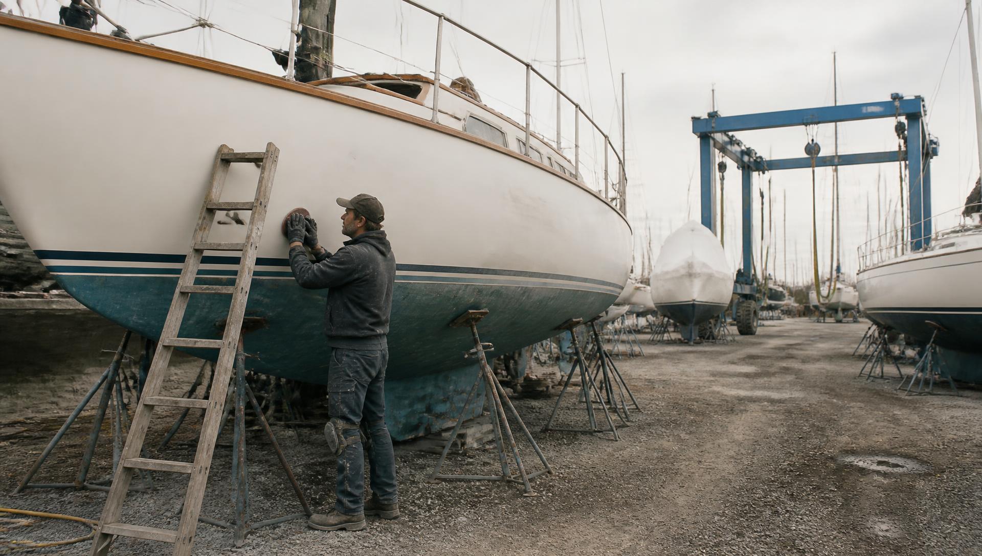 A technician sanding the topsides of a sailboat propped on steel stands in a working boatyard, a wooden ladder against the hull, rows of boats on stands and a blue travel lift gantry beyond under flat grey light