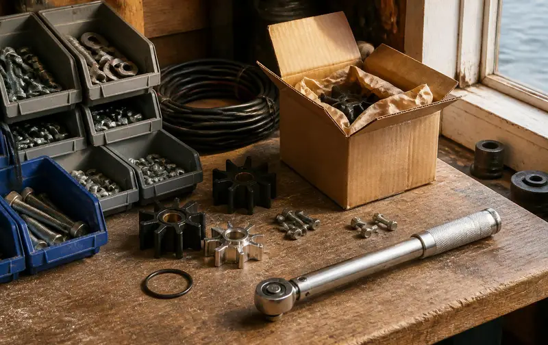 Marine service workbench with impellers, stainless fasteners sorted in parts bins, coiled wire, an O-ring and a torque wrench beside a freshly opened cardboard parts box