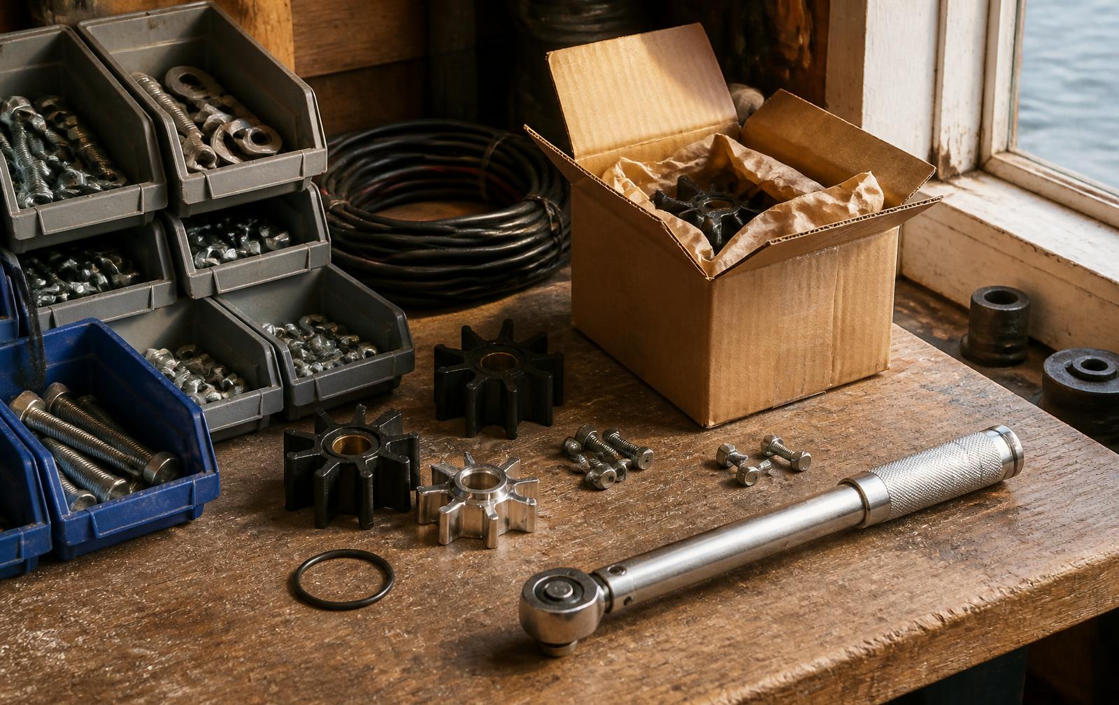 Marine service workbench with impellers, stainless fasteners sorted in parts bins, coiled wire, an O-ring and a torque wrench beside a freshly opened cardboard parts box