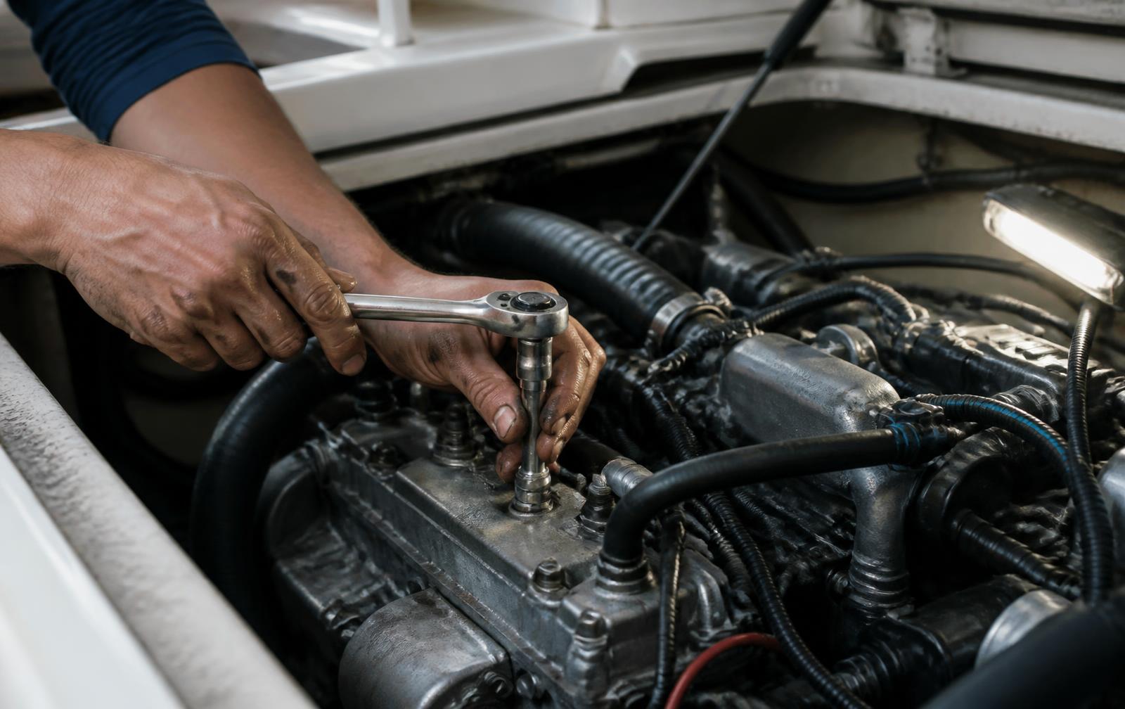 A technician's greasy hands using a socket wrench on the cylinder head of an inboard marine diesel engine in an open engine bay, hoses and wiring around it, a worklight raking across the metal