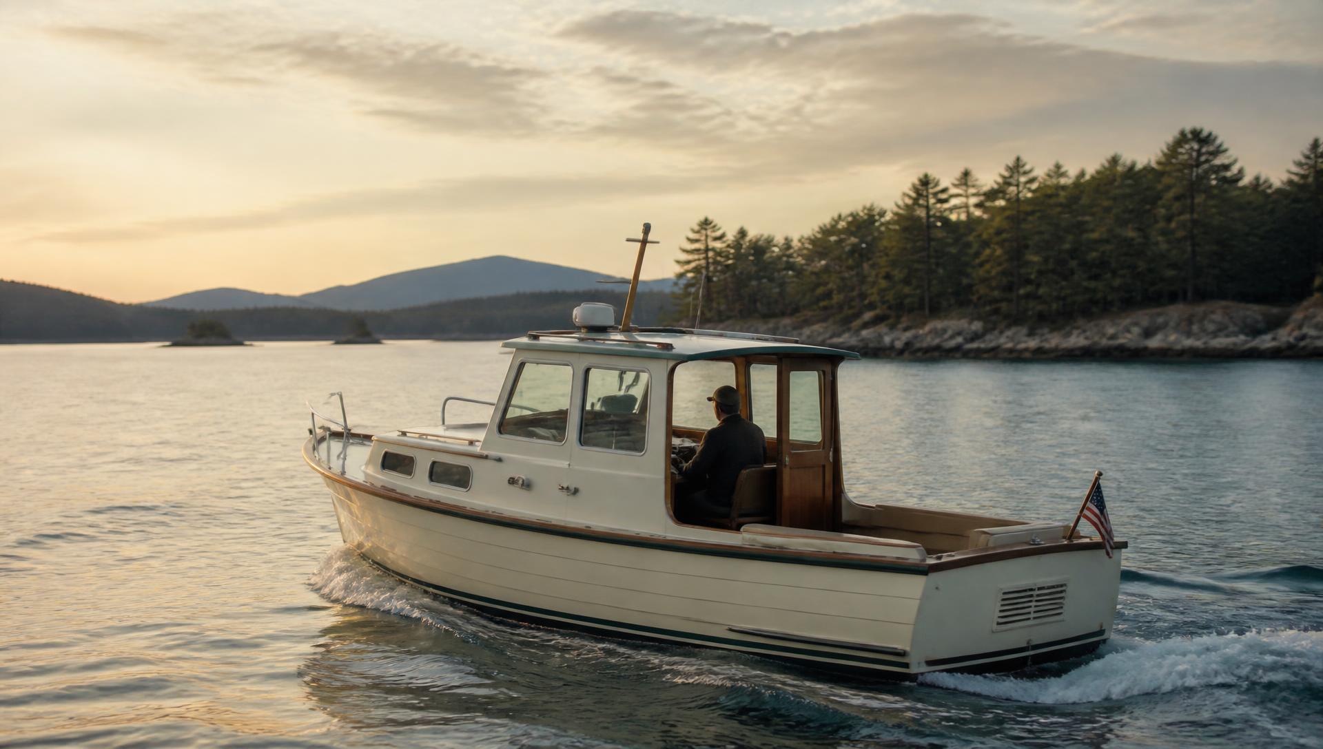 A modest, well-kept motorboat under way on calm coastal water in early evening light, a small wake behind it, forested shoreline and low hills in the distance