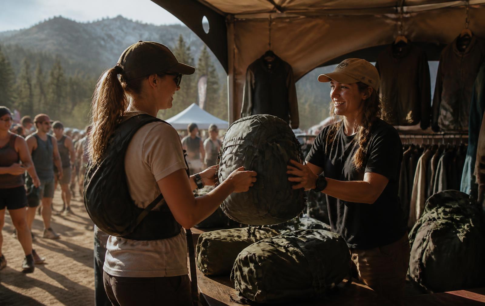 Brand staff member handing a tested backpack back to a customer at a demo tent at an outdoor event, mountains and forest behind