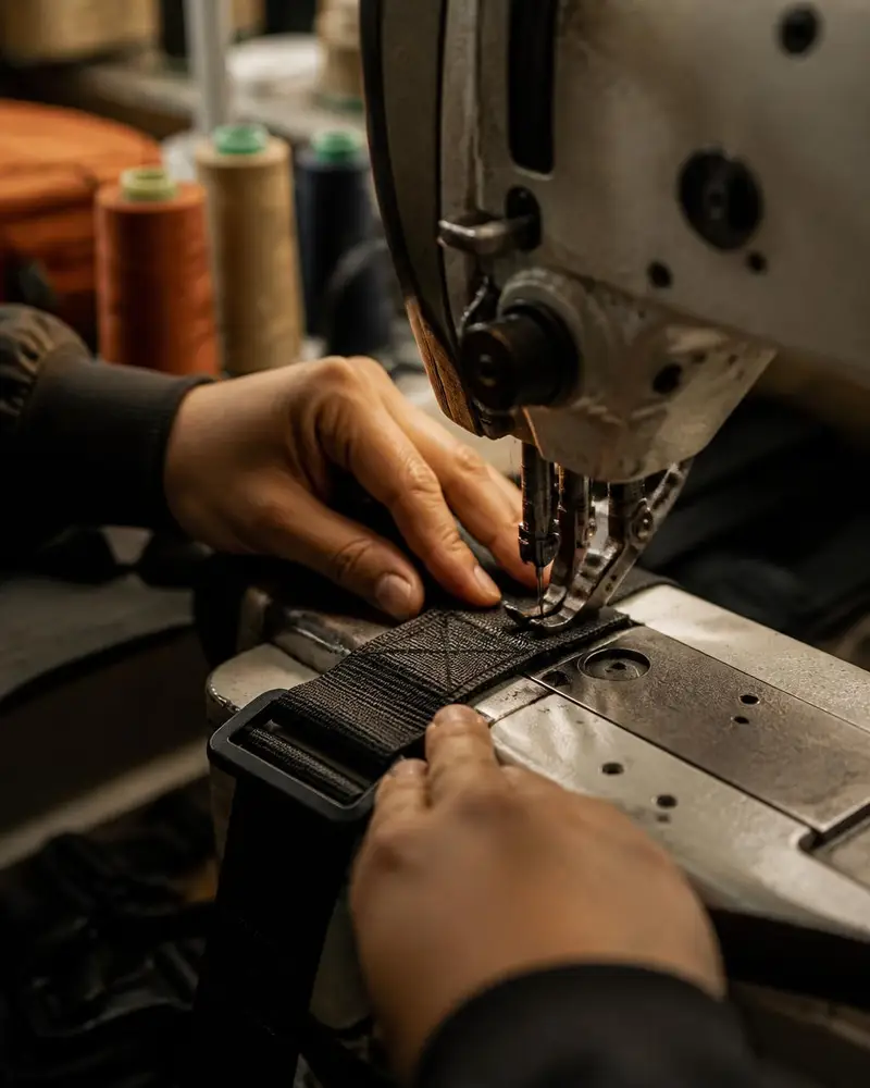 Close-up of hands stitching heavyweight webbing on an industrial sewing machine, spools of thread visible behind