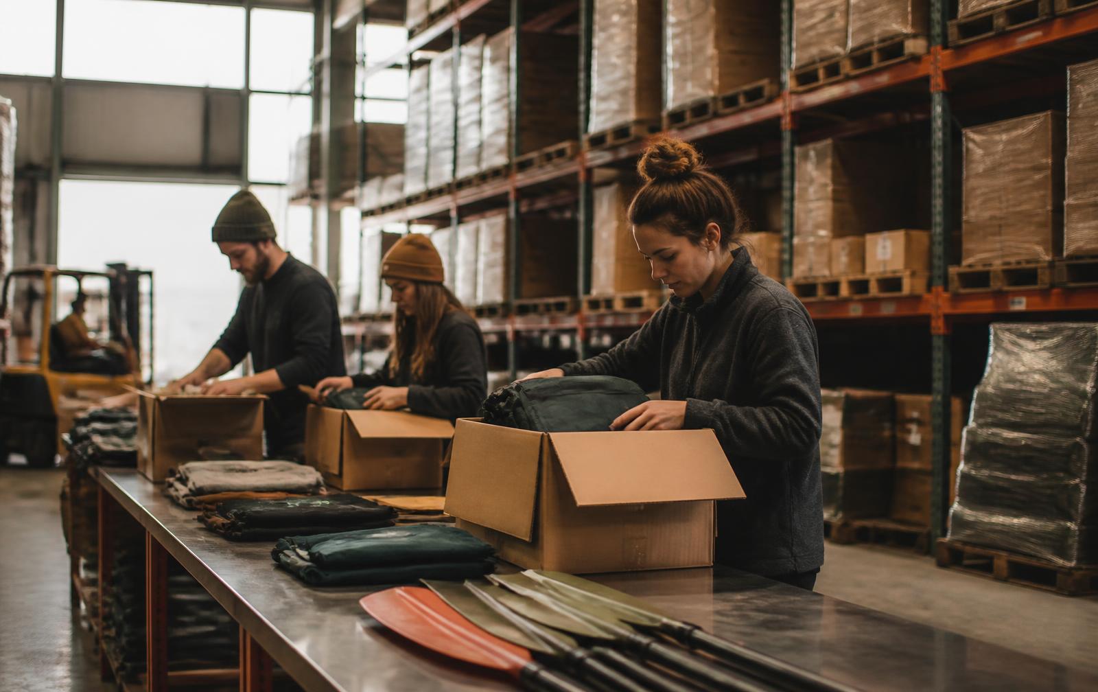 Warehouse staff packing backpacks, folded technical apparel and paddles into shipping cartons at a long steel bench inside an outdoor brand's fulfilment operation