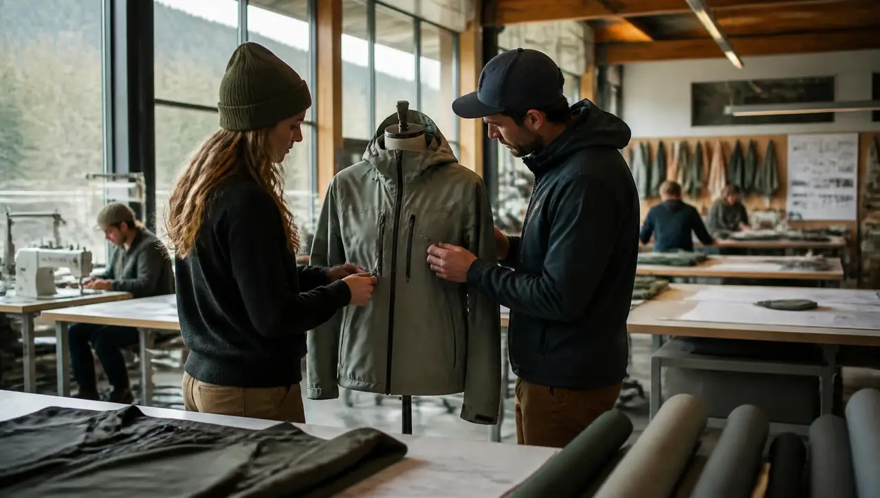 Product designer and production lead inspecting a technical shell jacket on a form inside an outdoor apparel brand's development studio, sewing stations and fabric rolls behind them