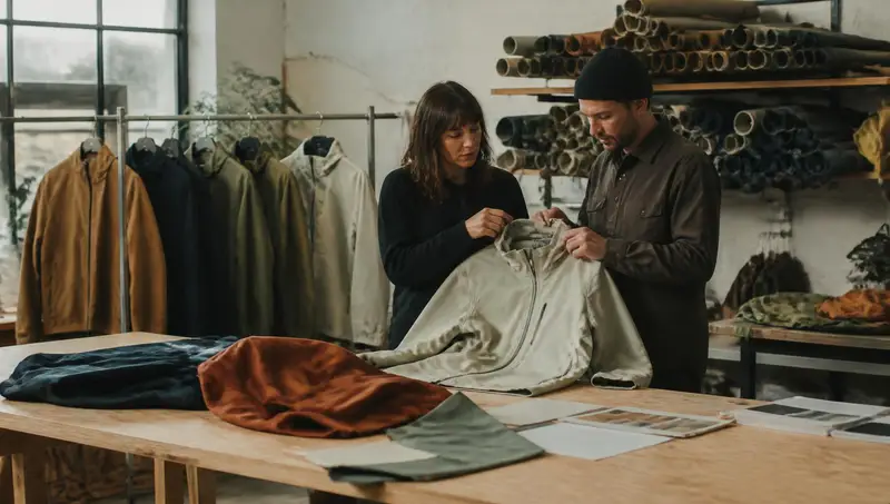 Product designer and production lead reviewing a jacket prototype and fabric swatches on a long wooden table inside a development studio