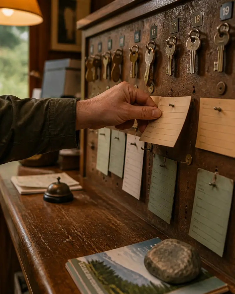 Close-up of a hand pinning a paper reservation card onto a wall-mounted key board at a campground front desk