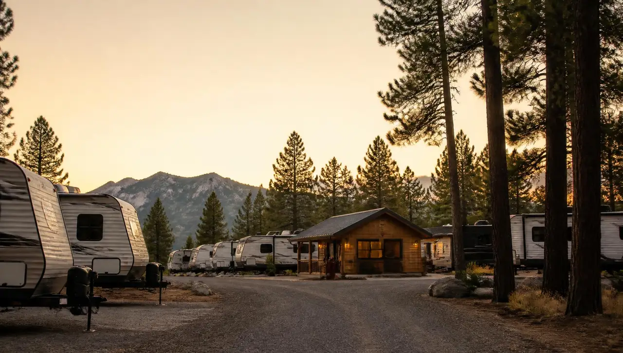 Travel trailers and RVs parked among pines at golden hour beside a campground check-in office