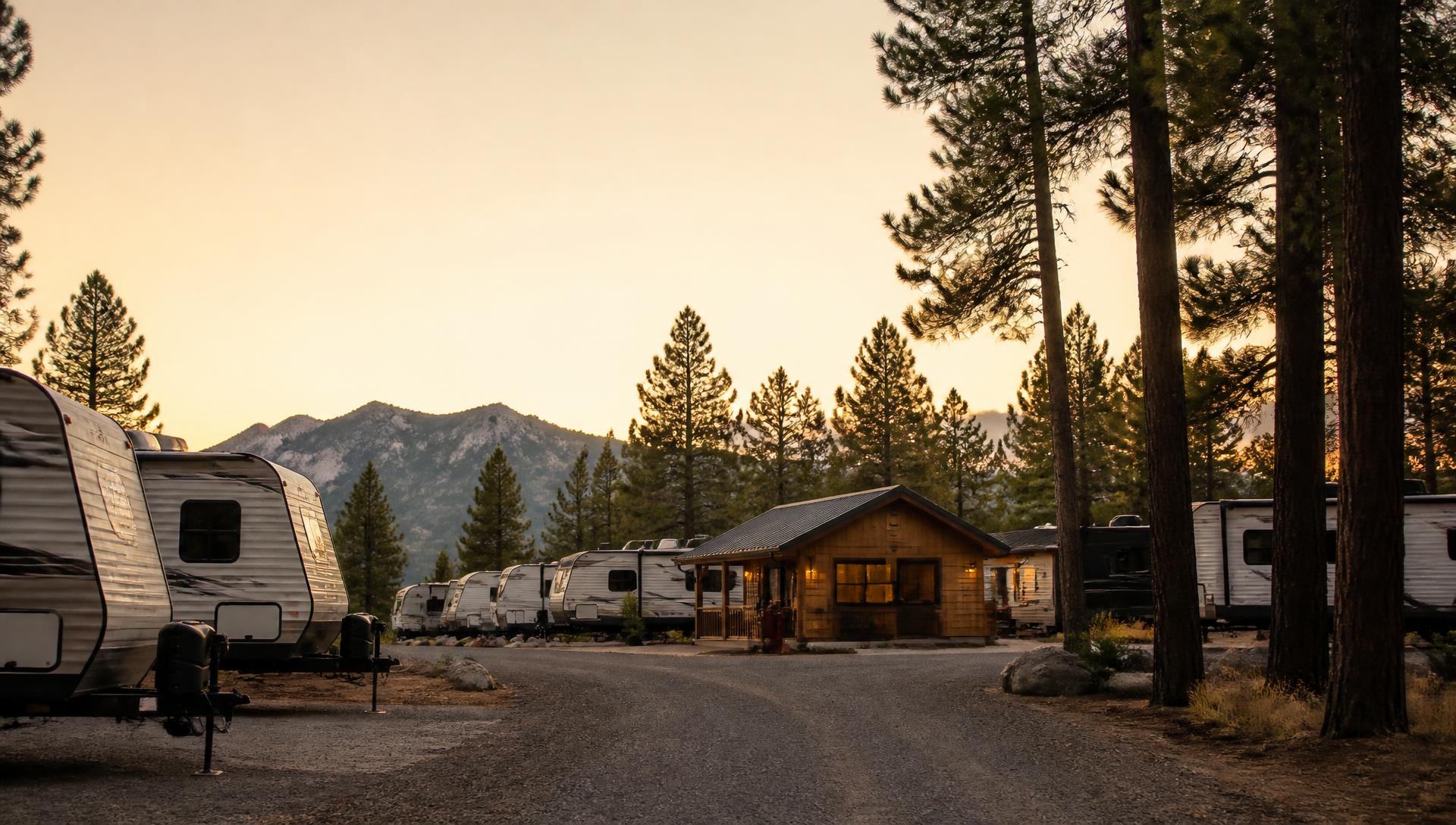 Travel trailers and RVs parked among pines at golden hour beside a campground check-in office
