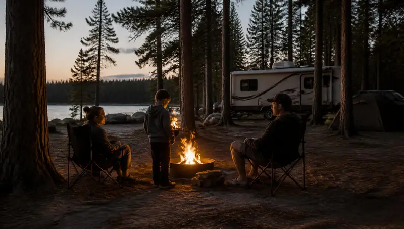 A family sits around a campfire at dusk beside their RV and a lake at a forested campground