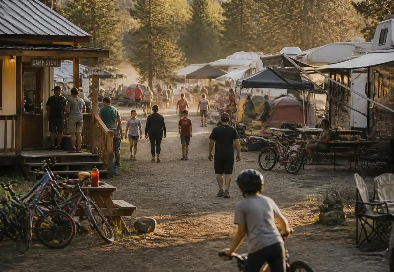 Busy campground midday with occupied RV sites, bikes and guests walking toward the camp store