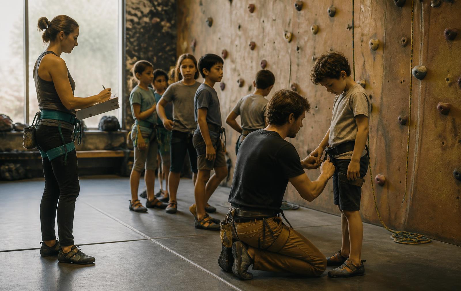 Instructor kneeling to check a child's harness while a youth climbing group waits by the rope wall and a coach records names on a clipboard
