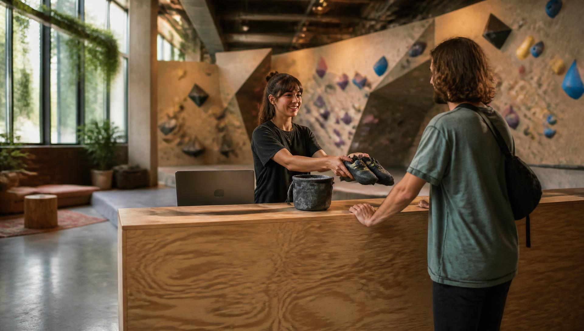 Front desk staff member at an indoor climbing gym handing rental climbing shoes across a plywood counter to a customer, bouldering wall behind