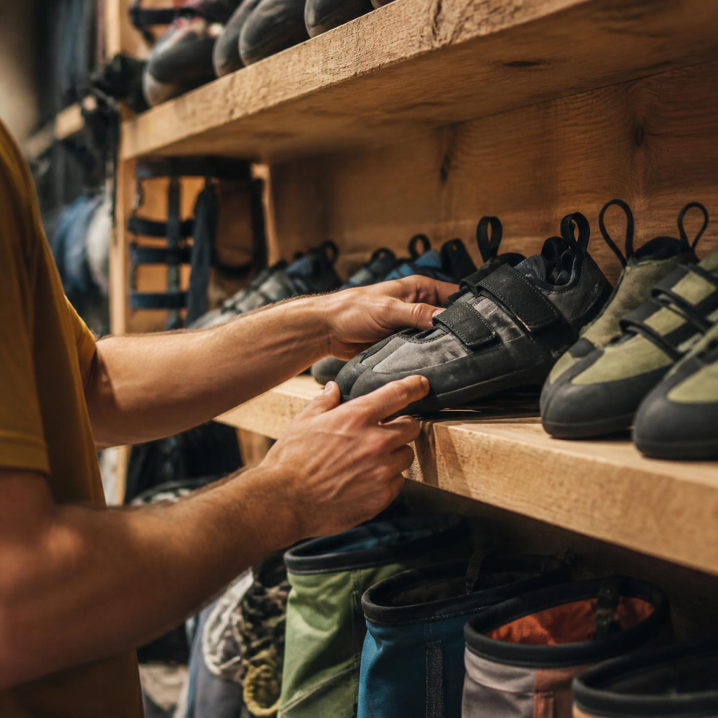 Close-up of hands taking a climbing shoe from a wooden shelf of rental and retail shoes, chalk bags and harnesses